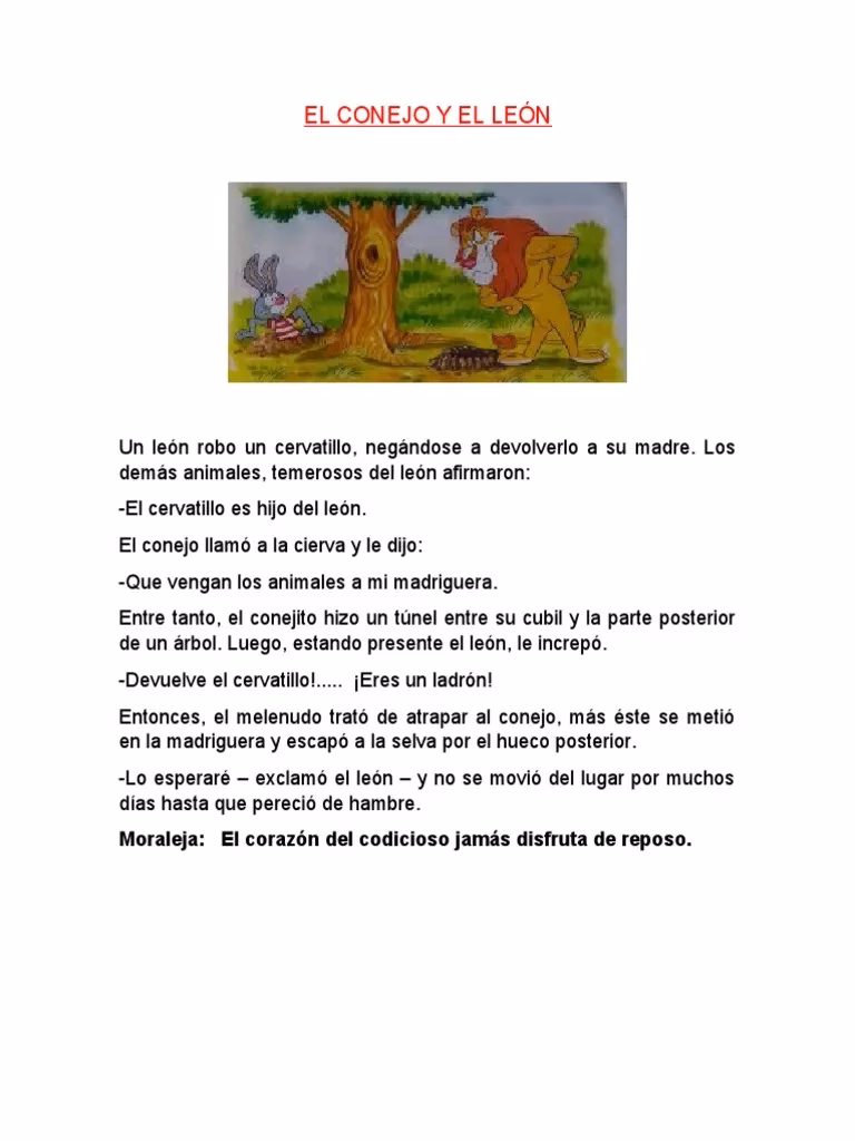 ¿Cuál es el resumen de la historia del león y el conejo?